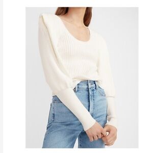 Express White Ribbed Sharp Shoulder Balloon Sleeve Sweater Size Small